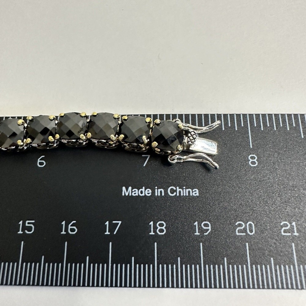 Bracelet Black Faceted Tennis Style Two Toned Safety Clasp IJDI China 925 Marked - Picture 13 of 13